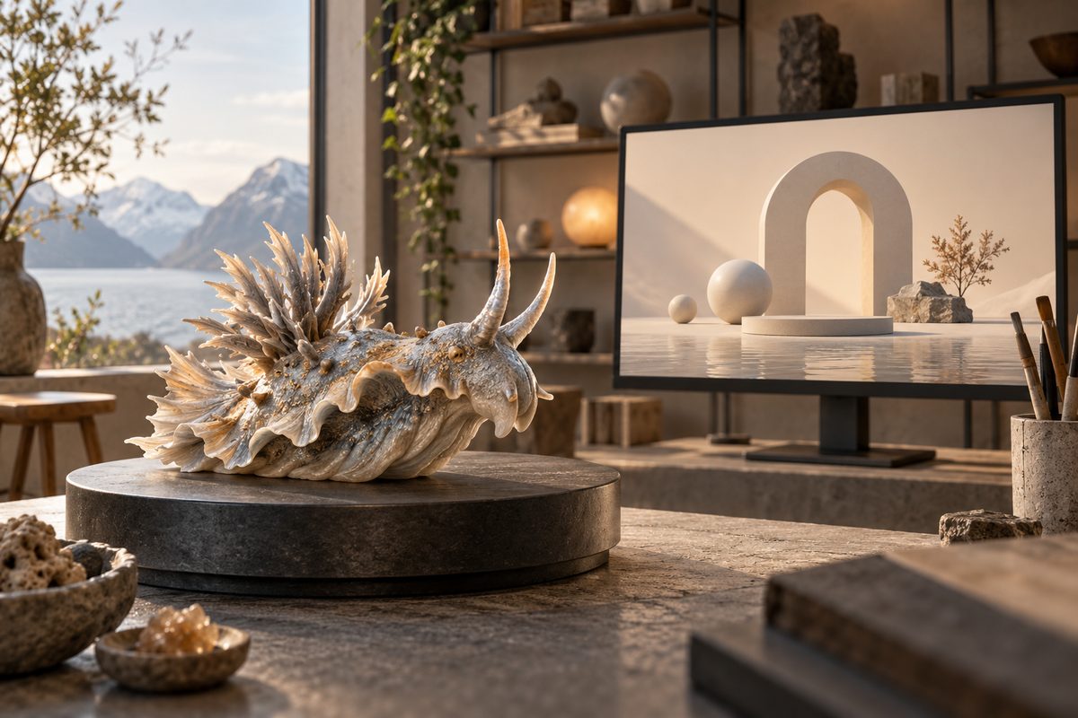 En detaljert sjøskapning står på en dreieskive foran en skjerm med en enkel 3D-scene av bue og kuler.
