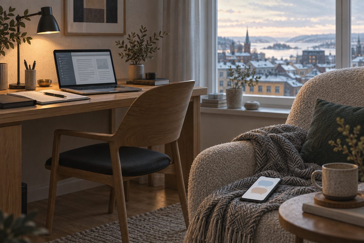 En hjemmekontorplass med åpen laptop ved skrivebordet og mobil med abstrakte samtalebobler på et pledd.