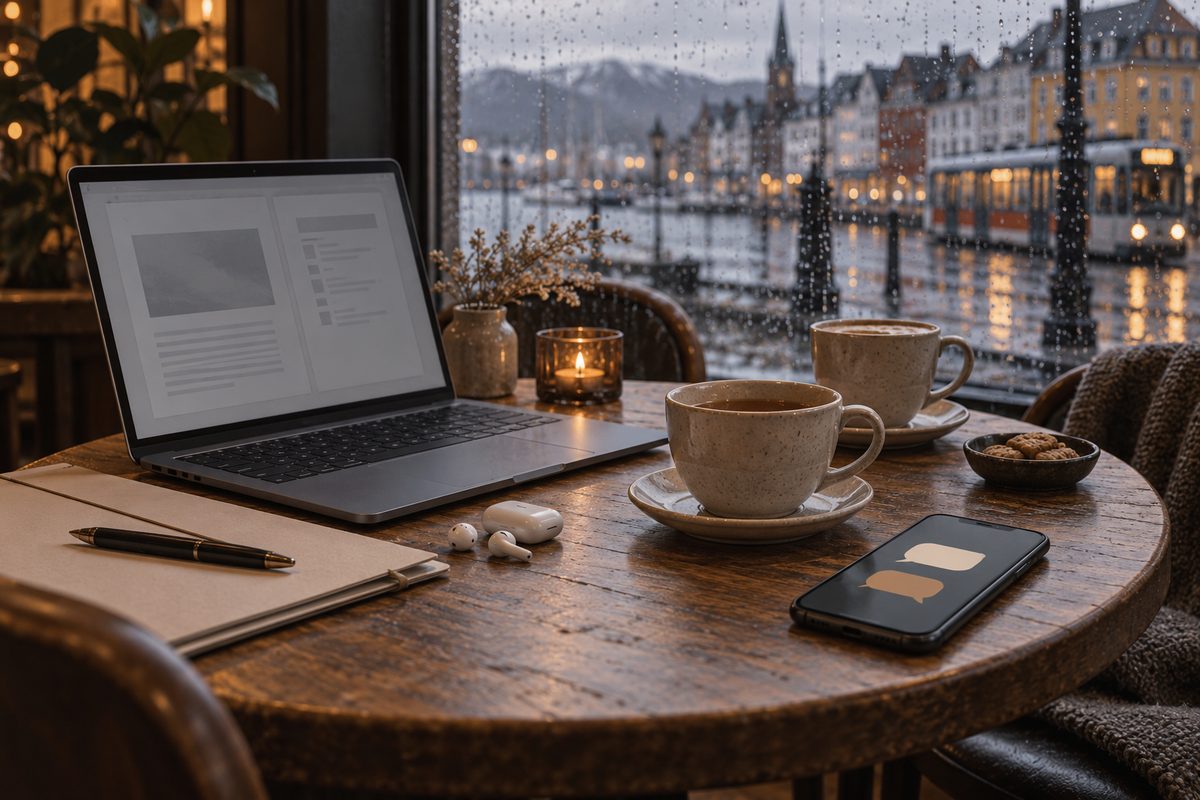På et kafébord står laptop med dokumentmappe ved siden av to tekopper og mobil med fargede samtalebobler.