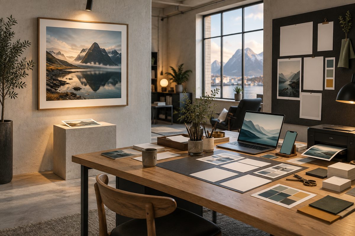 Et innrammet fjordmotiv står alene på en sokkel, mens en nordisk arbeidsplass rundt laptop, printer og blanke layoutark fyller resten.