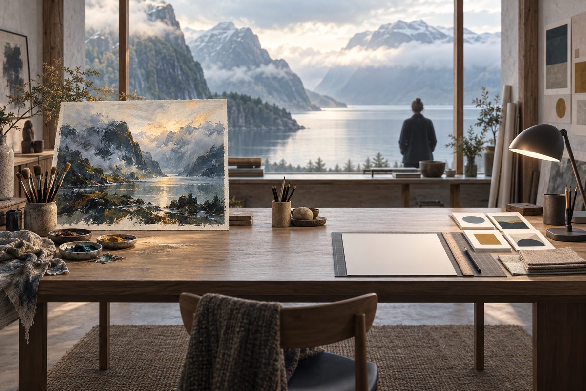 Et uttrykksfullt fjordmaleri med pensler står mot en ryddig arbeidsflate med blankt ark, linjal og fargekort foran et nordisk landskap.