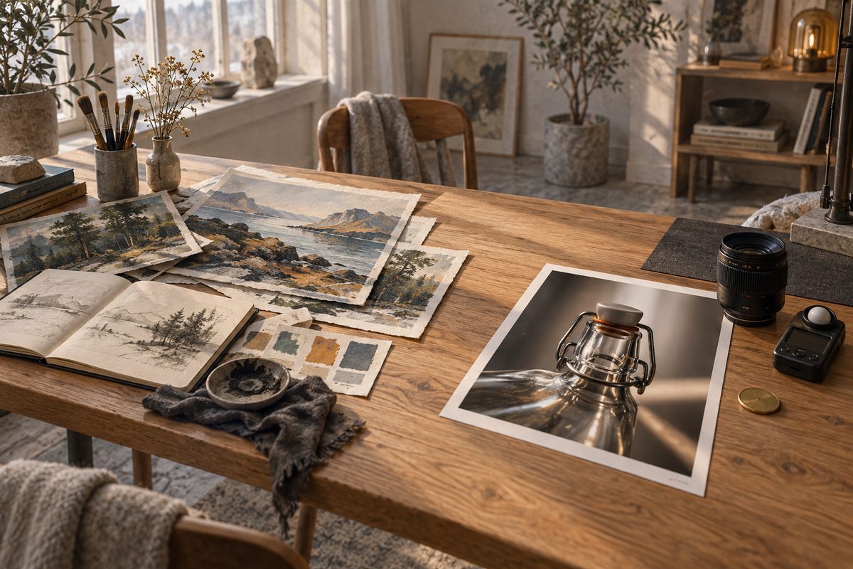 På et lyst treverksted ligger akvarellandskap og skissebok ved siden av et detaljert produktfoto, kameraobjektiv og en messingmynt.