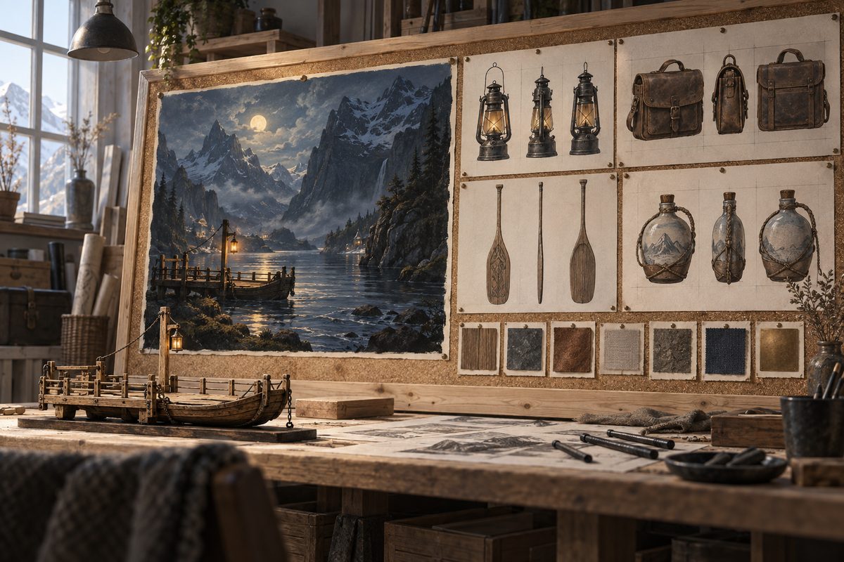 Et spillkunststudio viser et stemningsfullt fjordmotiv ved siden av ordnede studier av lykter, vesker, årer og materialprøver.