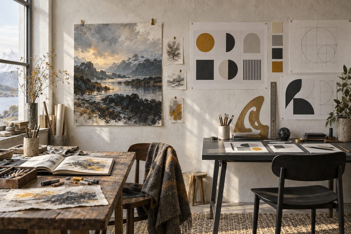 Et stemningsfullt fjordmaleri henger ved siden av geometriske former, fargeprøver og tegneredskaper i et lyst nordisk studio.