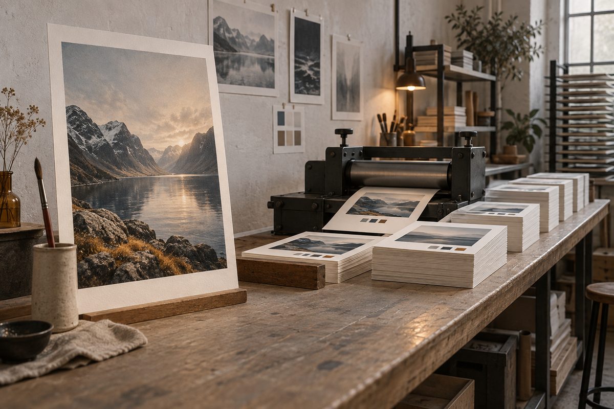 Et stort fjordmotiv står ved siden av en trykkpresse og stabler av mindre prøvebilder i et lyst grafisk verksted.