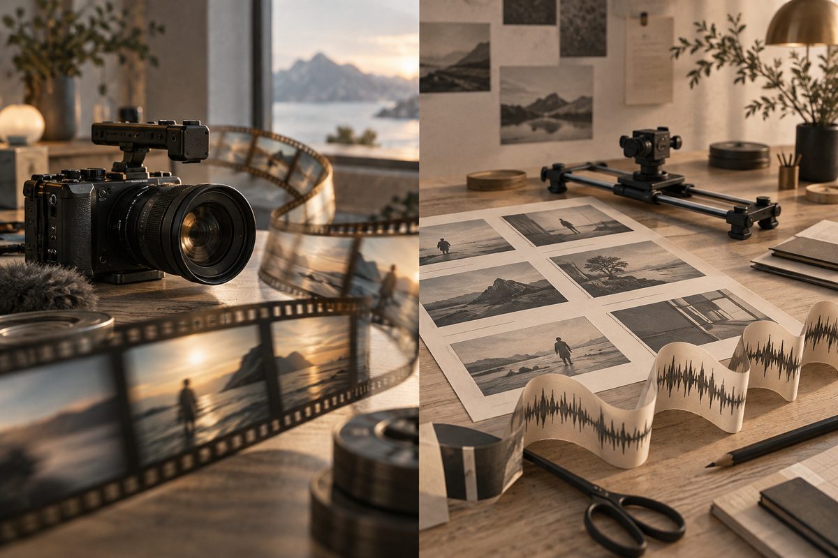 Kamera og buet filmstripe står mot kameraskinne, storyboardark og bølgende lydbånd på et varmt opplyst arbeidsbord.