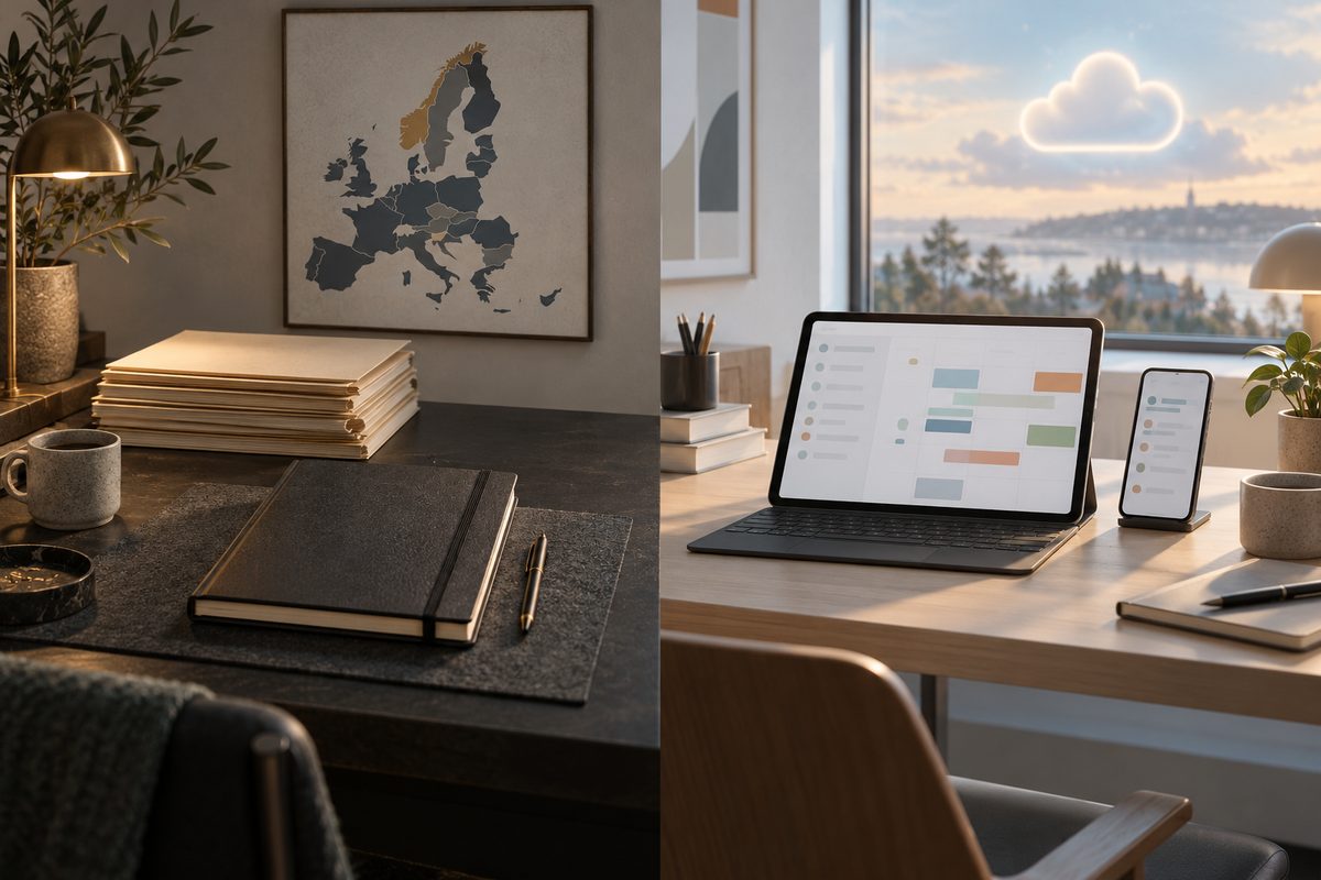 Et delt arbeidsbord viser en mørk notatbok og europakart ved siden av nettbrett og mobil med fargede oppgavefelt.