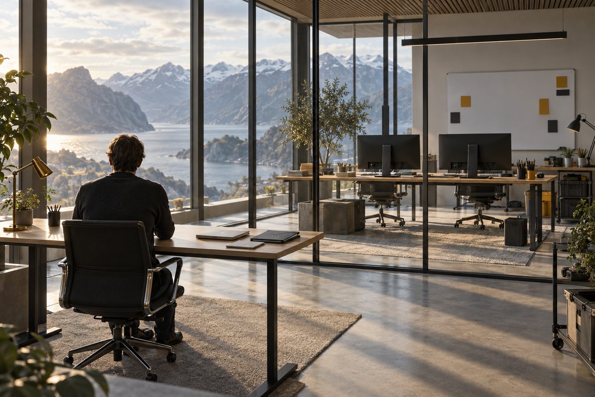 En utvikler sitter vendt mot fjorden i et lyst kontor; en glassvegg skiller en stille pult fra et arbeidsbord med skjermer og fargede kort.