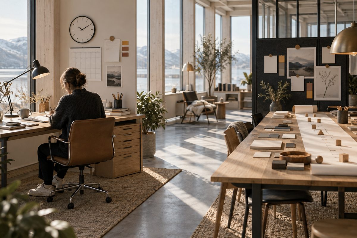 En person sett bakfra planlegger ved en veggkalender, mens blanke arbeidskort og en lang tidslinje fyller møtebordet.