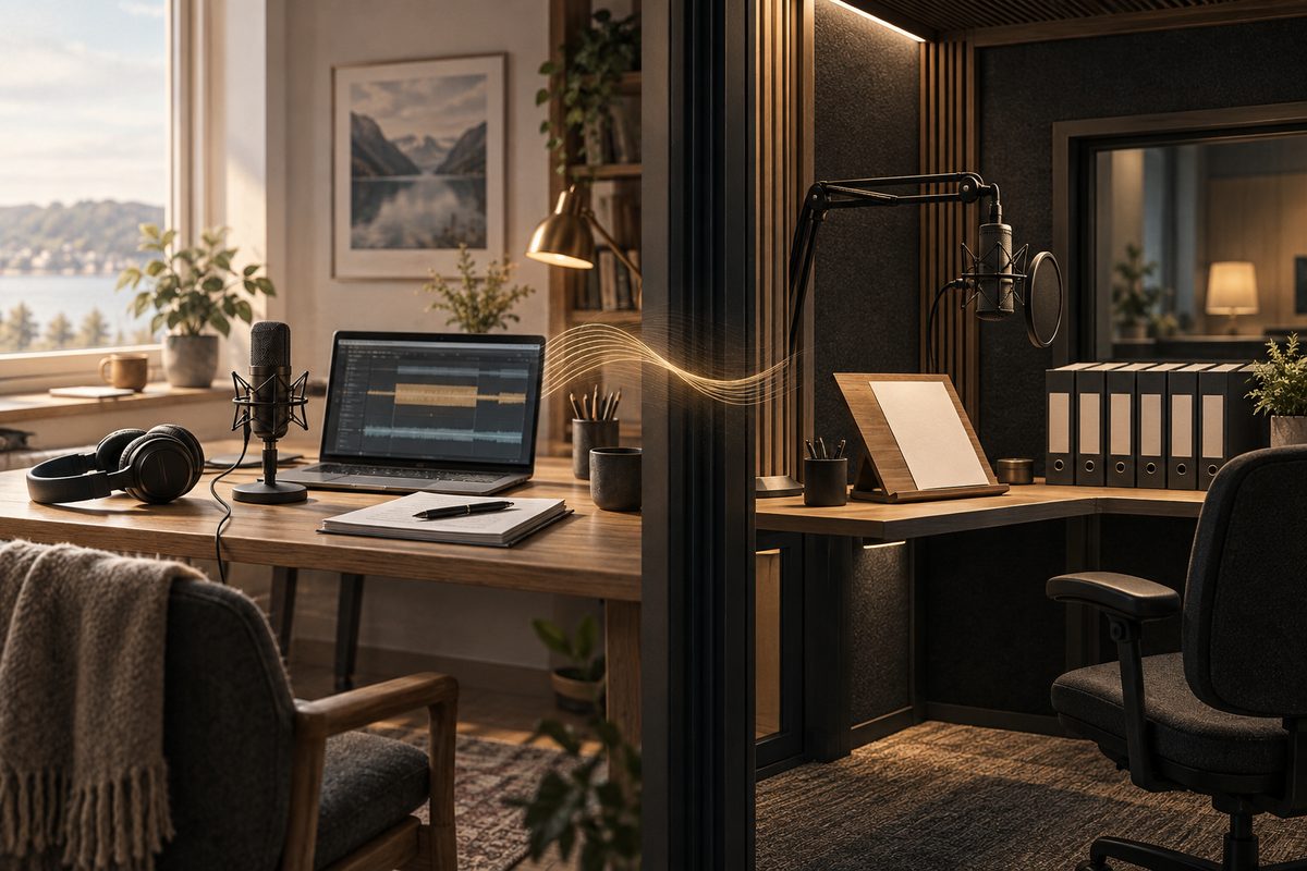Et hjemmestudio med mikrofon og hodetelefoner står side om side med en dempet innspillingsbås for opplæring.