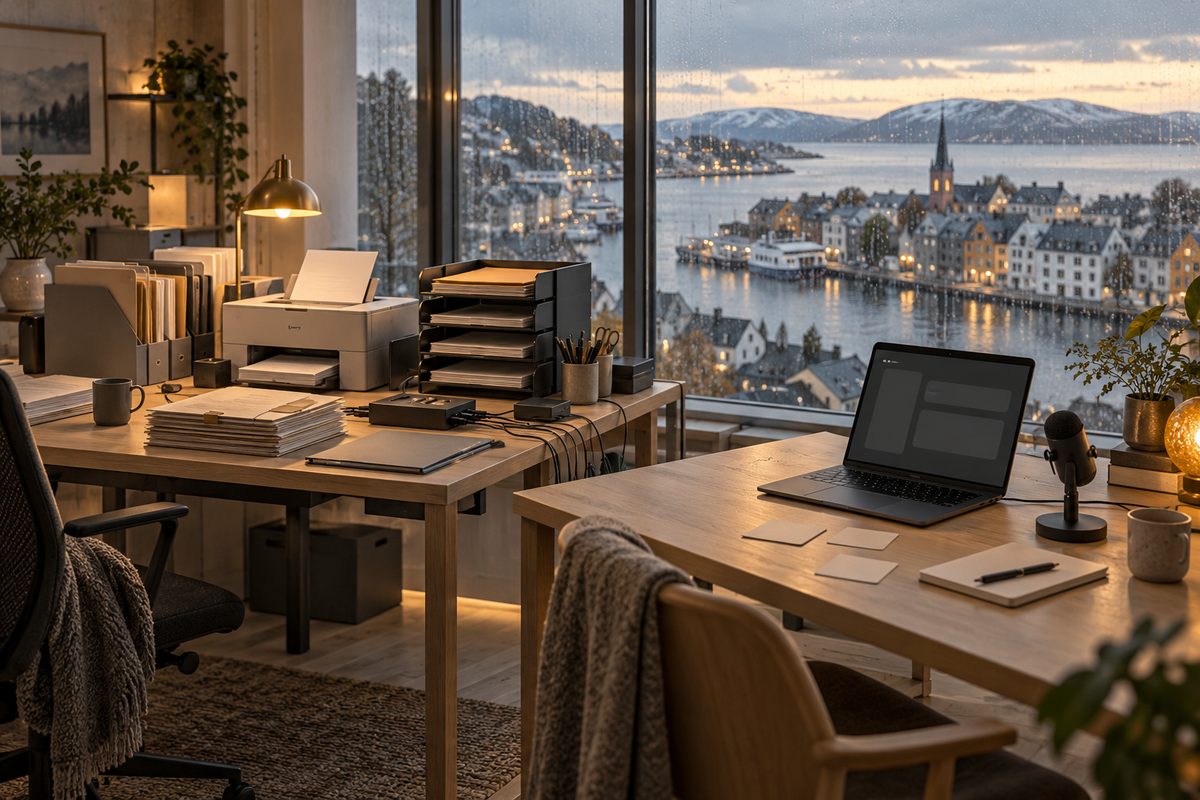 Papirbunker og sorteringsbrett står ved et skrivebord med laptop og mikrofon, foran et regnvått nordisk havnelandskap.