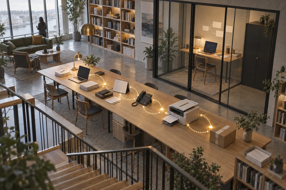Fra en trapp sees et lyst kontor med en lysende rute mellom arbeidsutstyr og en glassbås med laptop, kort og lukket skap.