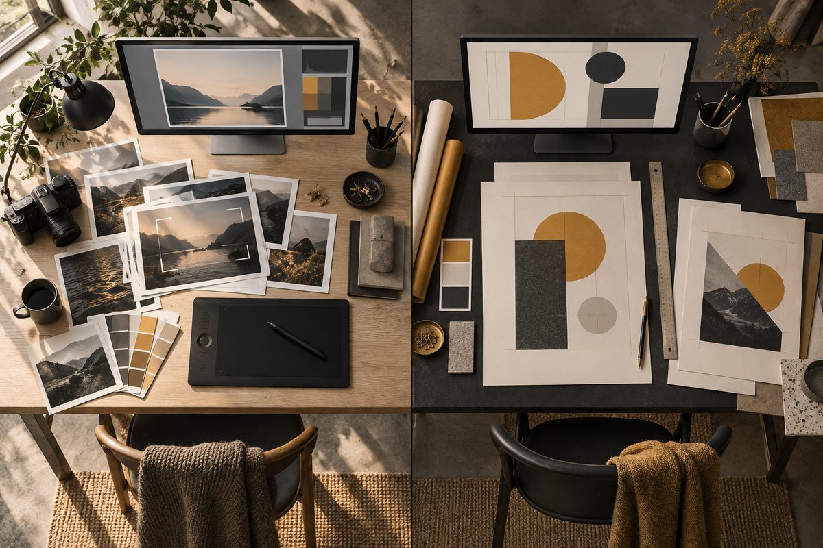 Delt arbeidsbord med fotografiske utskrifter og fargeprøver på venstre side, og geometriske plakatark på høyre side.