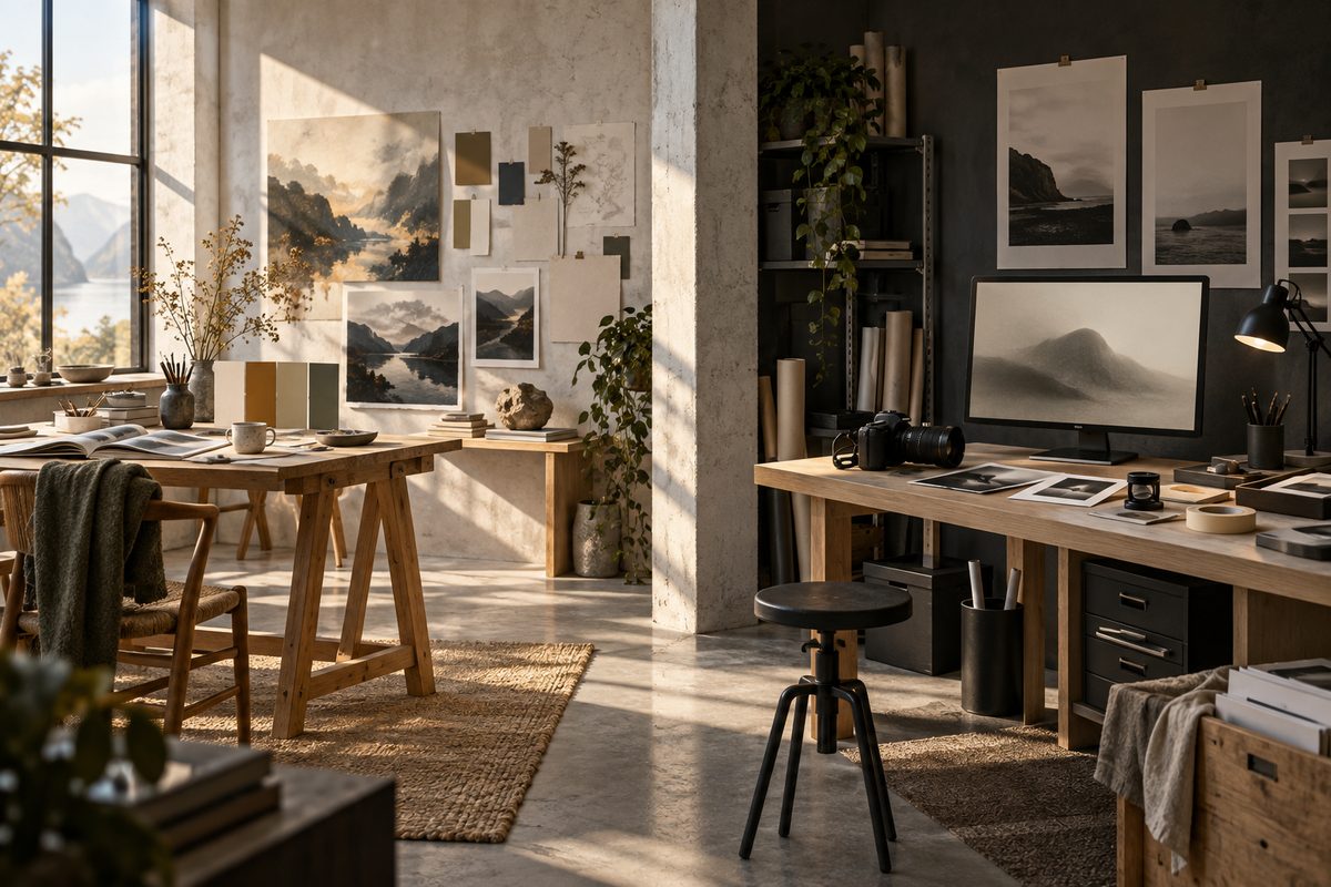Nordisk studio med stemningsfulle landskapsstudier og fargekart på venstre side, og presise fotoutskrifter ved en arbeidsbenk på høyre.