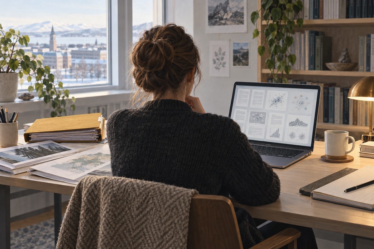 En forsker sett bakfra ser på diagrammer på en skjerm, mens mapper og utskrevne artikler ligger på bordet.