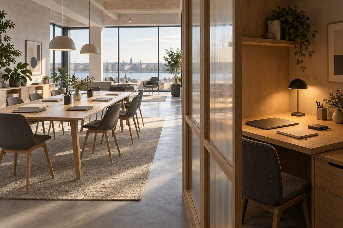 Et lyst felleskontor med langbord ligger bak en glassvegg ved siden av en lun, privat krok med lukket laptop.