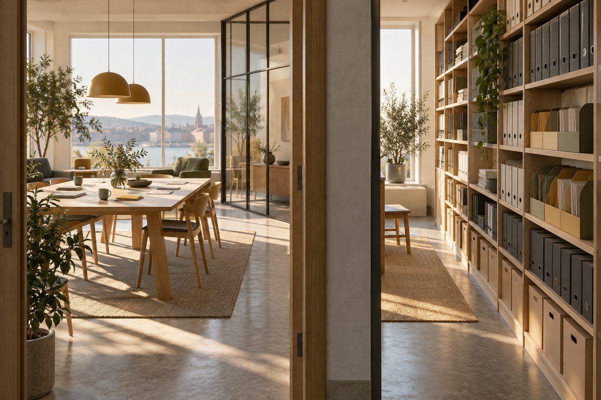 Et lyst møterom med en åpen arbeidsplass står ved siden av en vegg med ordnede permer og arkivbokser.