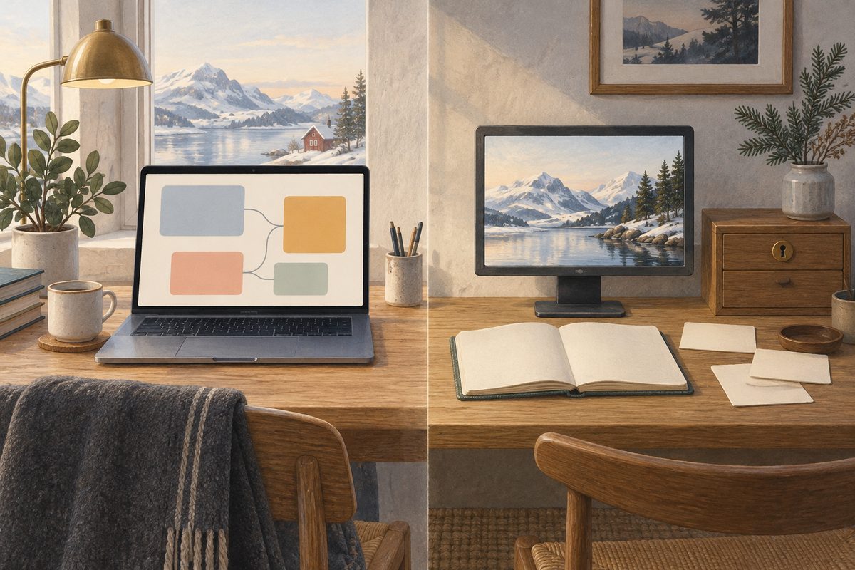 Et skrivebord viser to kunnskapsvaner: fargefelter på en laptop står mot en blank notatbok og papirkort ved en skjerm med fjellandskap.