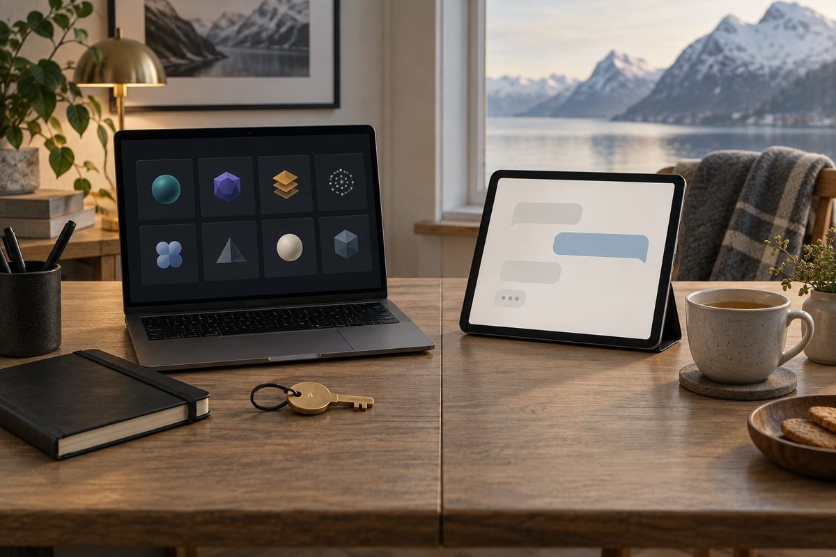 På et lyst trebord står en laptop med abstrakte modellruter ved siden av et nettbrett med tomme samtalebobler.