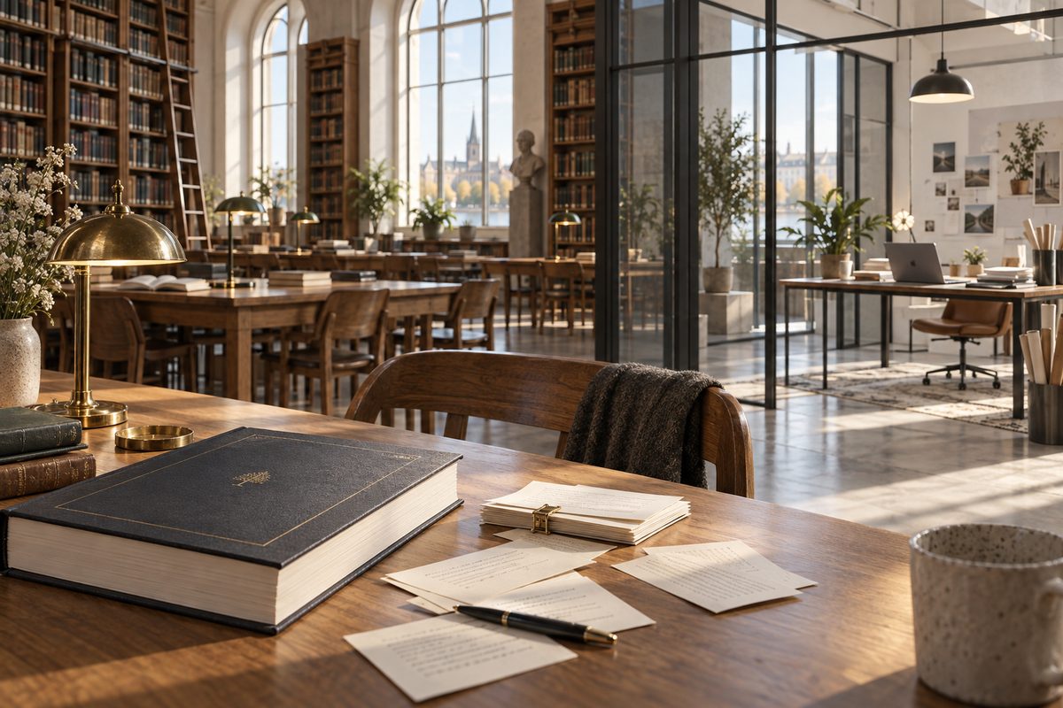 En tung innbundet bok og løse manus ligger på et bord i et lyst bibliotek med bokhyller og redaksjonsplass bak glass.