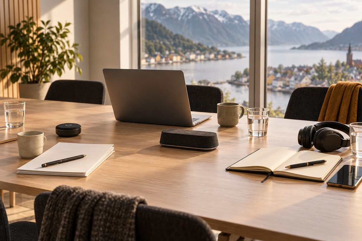 På et lyst møtebord ved fjorden står en bærbar datamaskin, lydopptakere, hodetelefoner og åpne notatbøker.