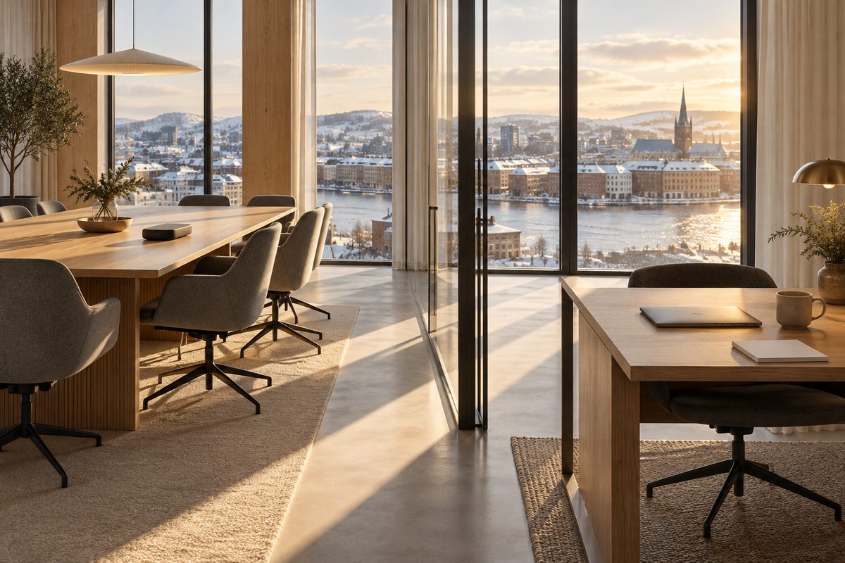 Gjennom en glassvegg ses et møtebord med opptaker og en stille arbeidsplass med lukket laptop og blankt notatark.
