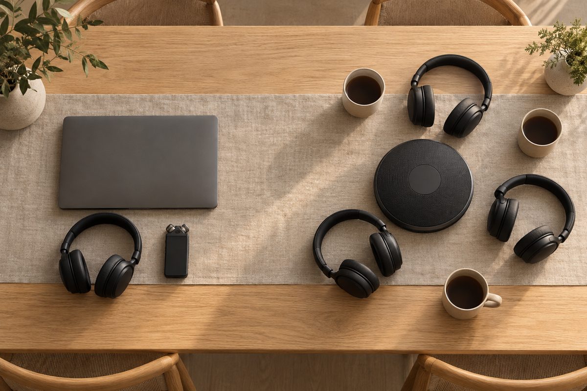 Ovenfra ses en lukket bærbar datamaskin og lydopptaker ved siden av flere headset og en felles høyttalertelefon.