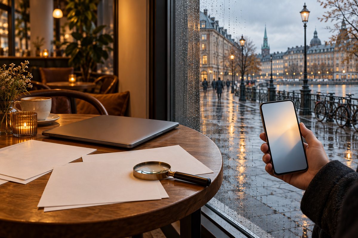 På et kafébord ligger blanke ark og en lupe ved siden av lukket laptop, mens en hånd holder telefon mot regnvinduet.
