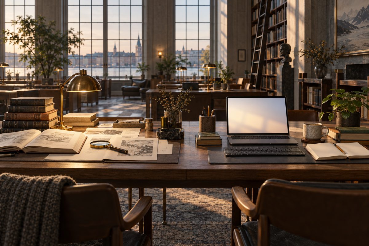 En biblioteksarbeidsplass har kildeark og bøker på den ene siden og en åpen laptop, notatbok og kaffekopp på den andre.