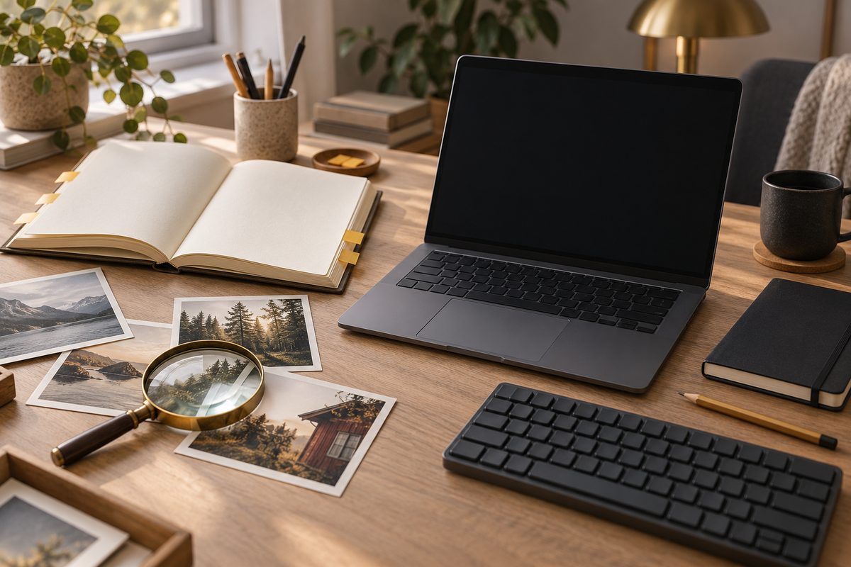Et blankt oppslått hefte og landskapsbilder med lupe ligger ved siden av en laptop med mørk skjerm på en trepult.