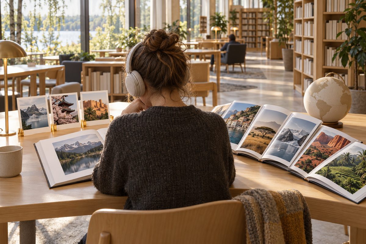En leser med hodetelefoner sitter bakfra mellom bildebøker, små landskapskort og en enkel globus i biblioteket.