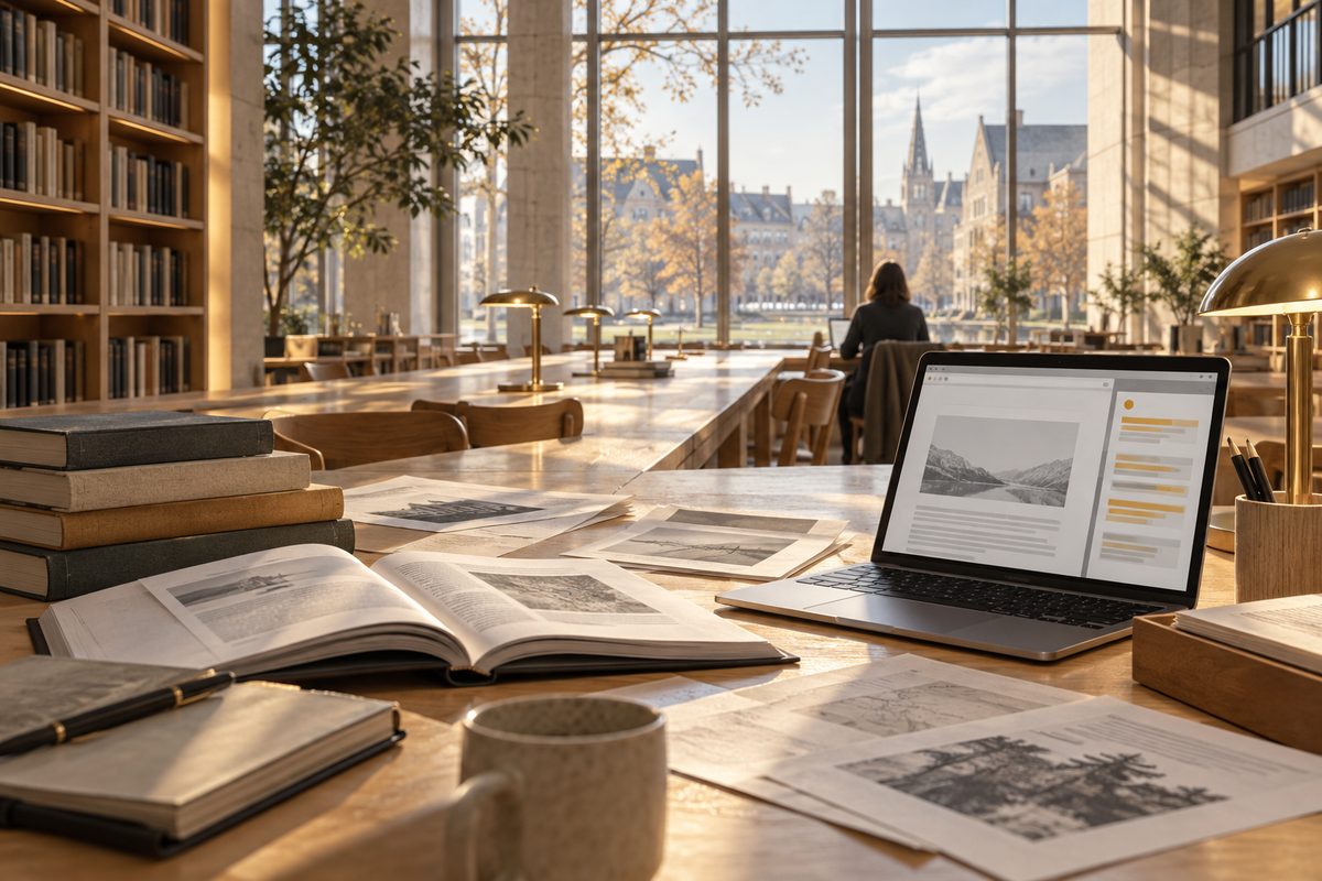 En forskningsplass i et lyst universitetsbibliotek med åpne tidsskrifter, kildeark og en bærbar med markerte felt på skjermen.