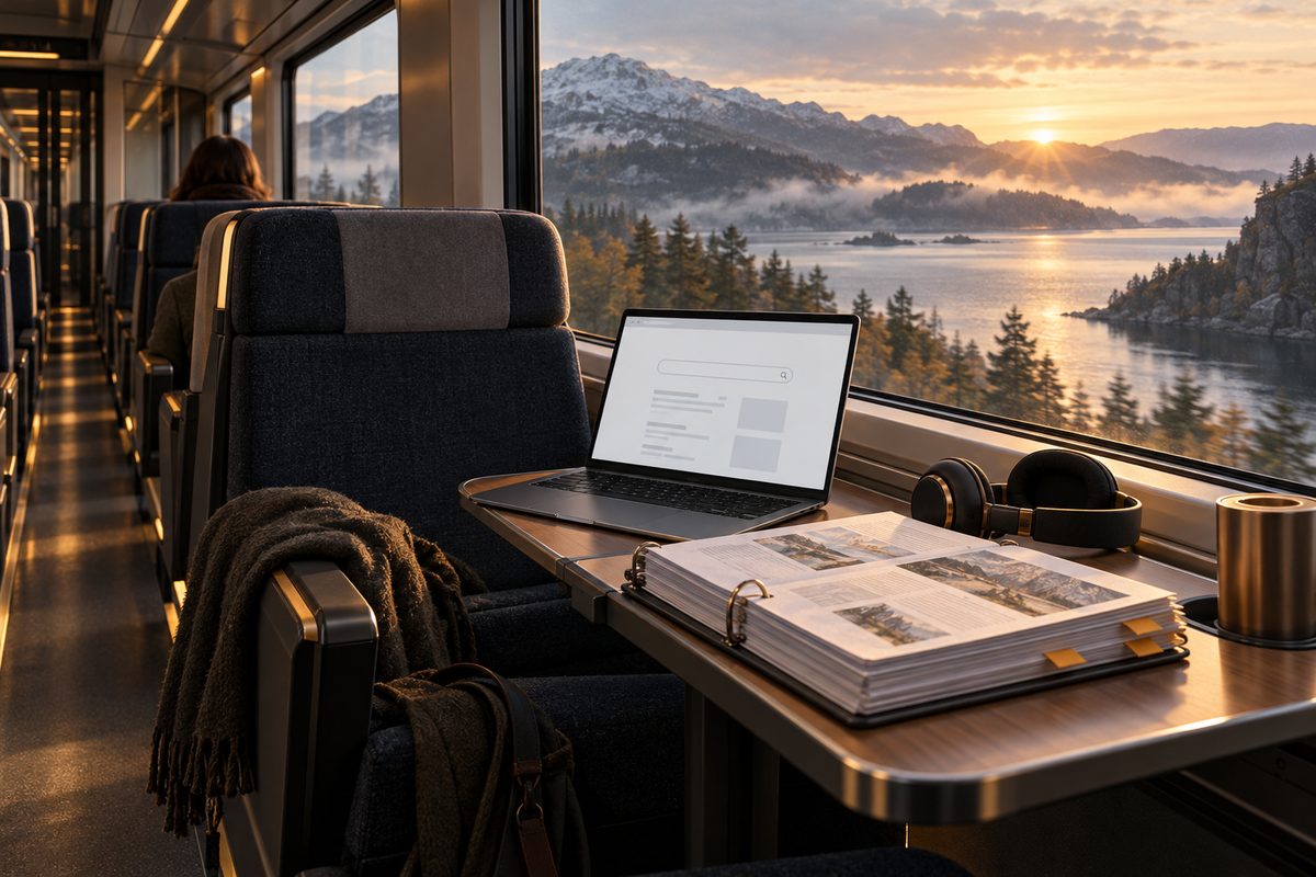 På et tog ved fjorden ligger en åpen bærbar ved siden av en tykk ringperm med kildeark og et par hodetelefoner.