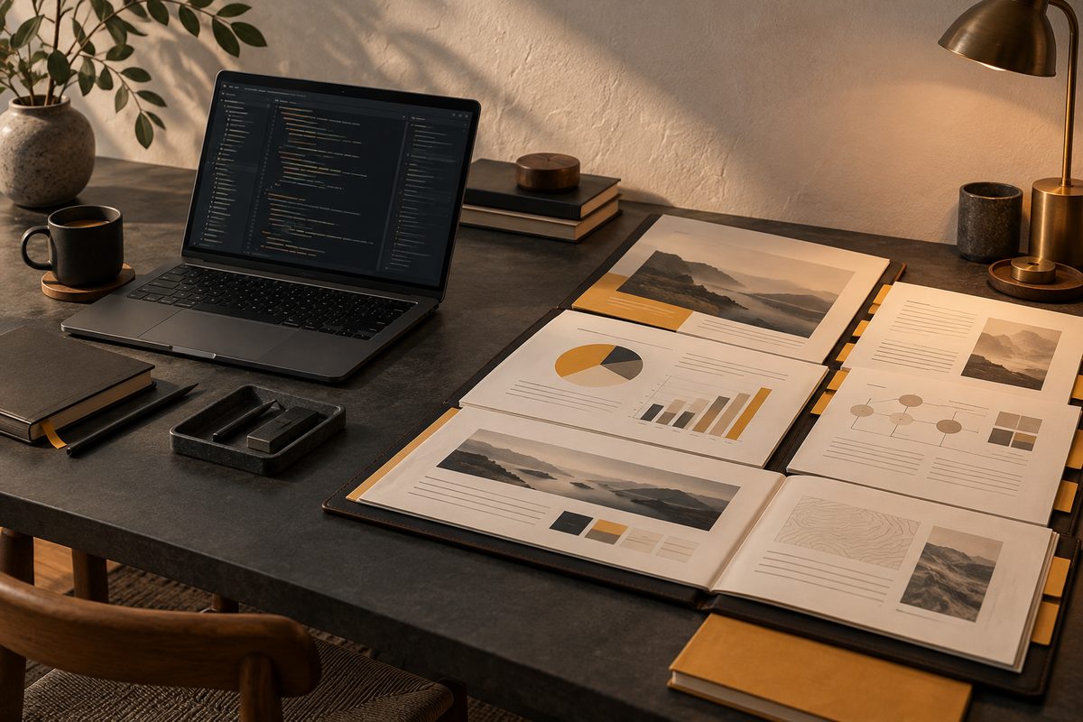 En åpen laptop med abstrakte kodefelt står ved siden av en stor rapportmappe med diagrammer og faner.