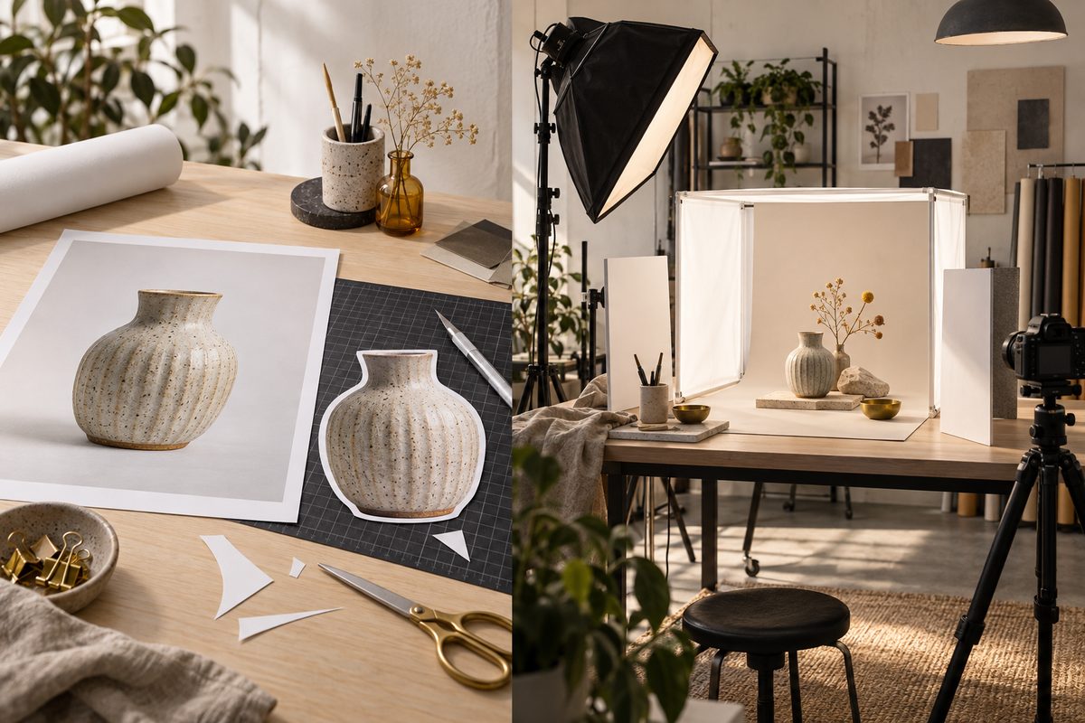 Keramikkvase, papirutklipp, saks og fotolys viser to ulike arbeidsmåter i et nordisk produktfotostudio.