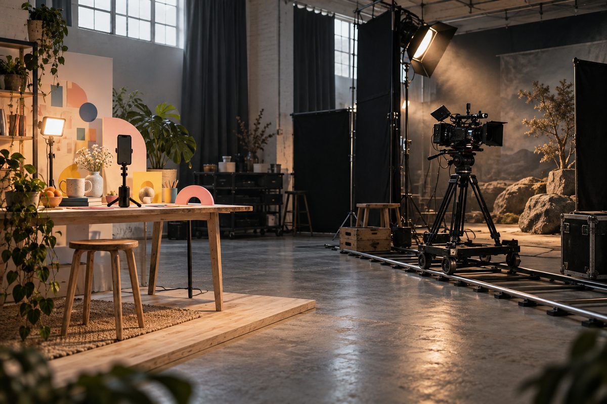Et nordisk studio rommer en leken mobilrigg med fargerike rekvisitter og et tungt filmkamera på skinne under scenelys.