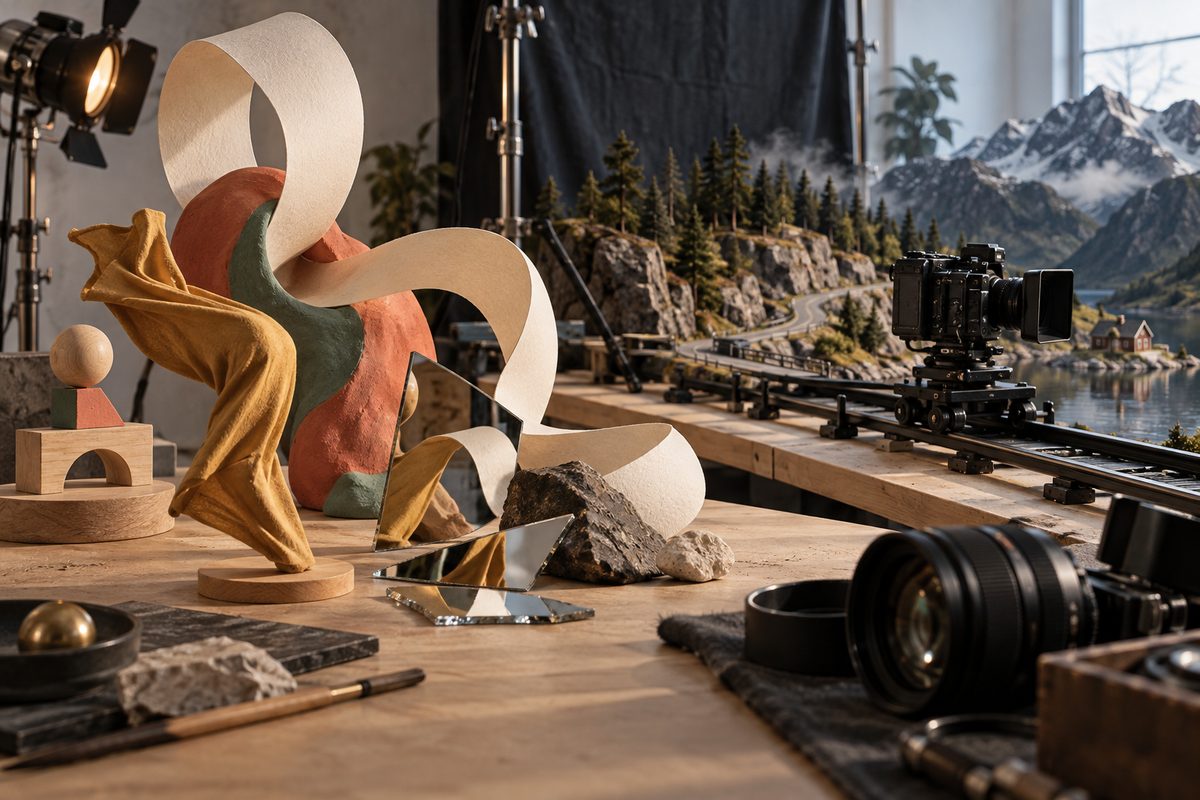 En leken skulptur av papir, leire og speil står foran et realistisk fjordlandskap med kamera på skinne i et nordisk studio.
