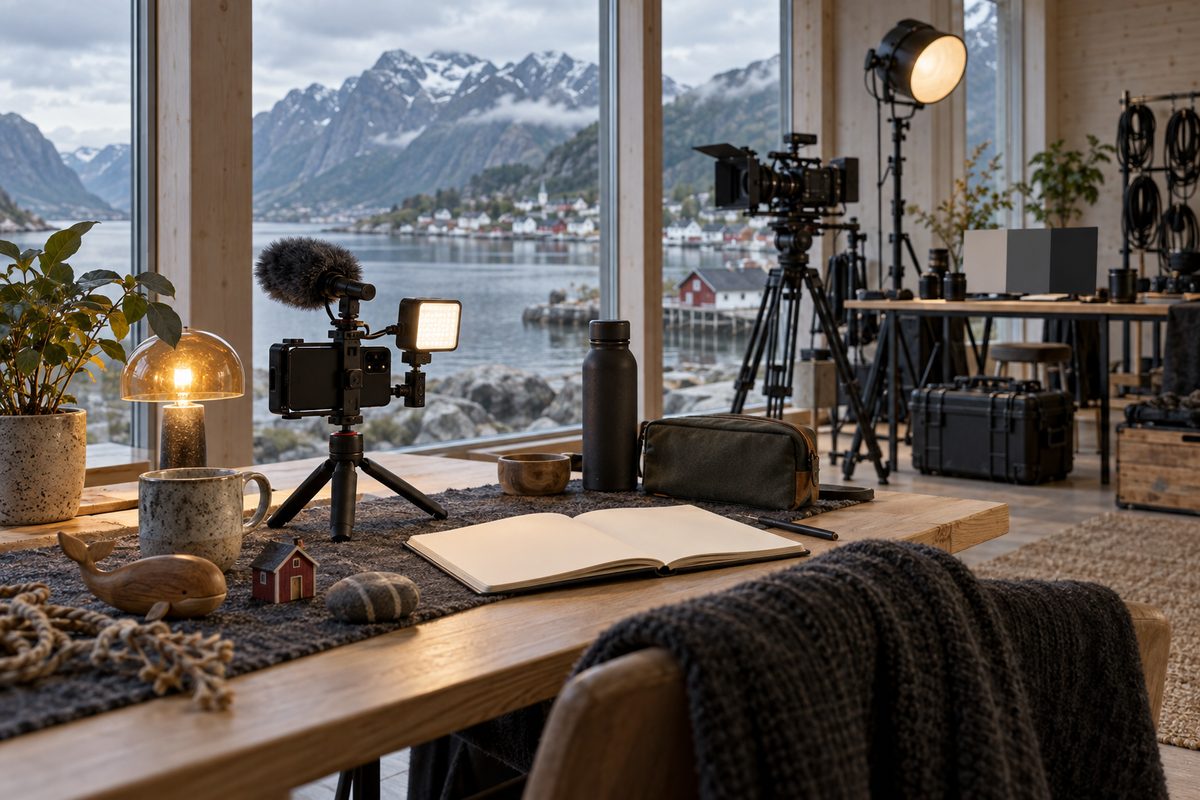 Et lite kameraoppsett står på et nordisk arbeidsbord foran et fjordlandskap, mens et større filmkamera og lysrigg står i bakgrunnen.