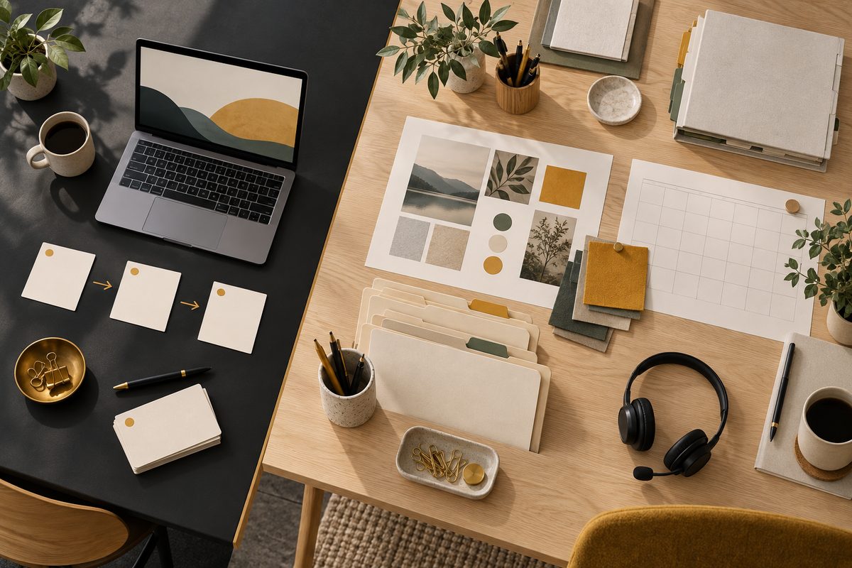 Et lite salgsbord med tomme kundekort og bærbar PC møter en større arbeidsflate med kampanjeprøver, mapper, kalender og headset.