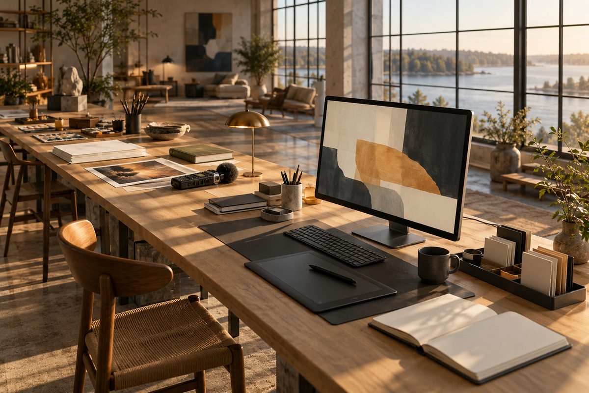 Et langt arbeidsbord leder fra flere ulike kreative materialer til én samlet skjerm, tegneflate og notatbok i et lyst studio.