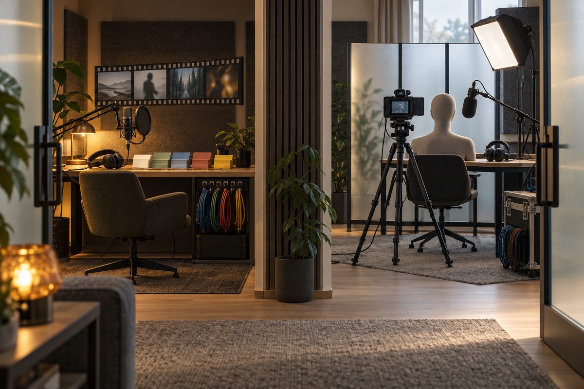 To lyd- og videostasjoner med mikrofoner, hodetelefoner, fargekort, kamera og en ansiktsløs figur viser dubbing og leppesynk.