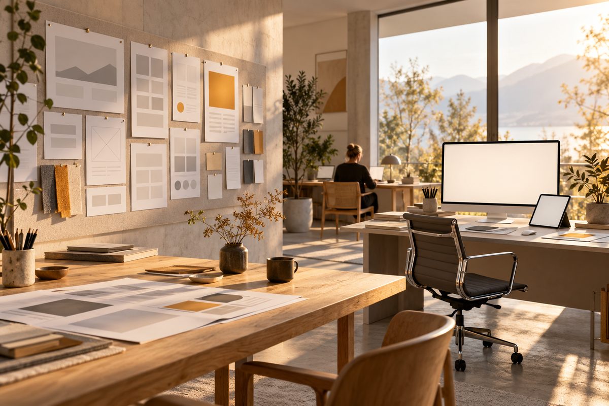 En lys nordisk designstudio viser papirbaserte nettskisser på veggen og et blankt nettsted på skjermen ved skrivebordet.