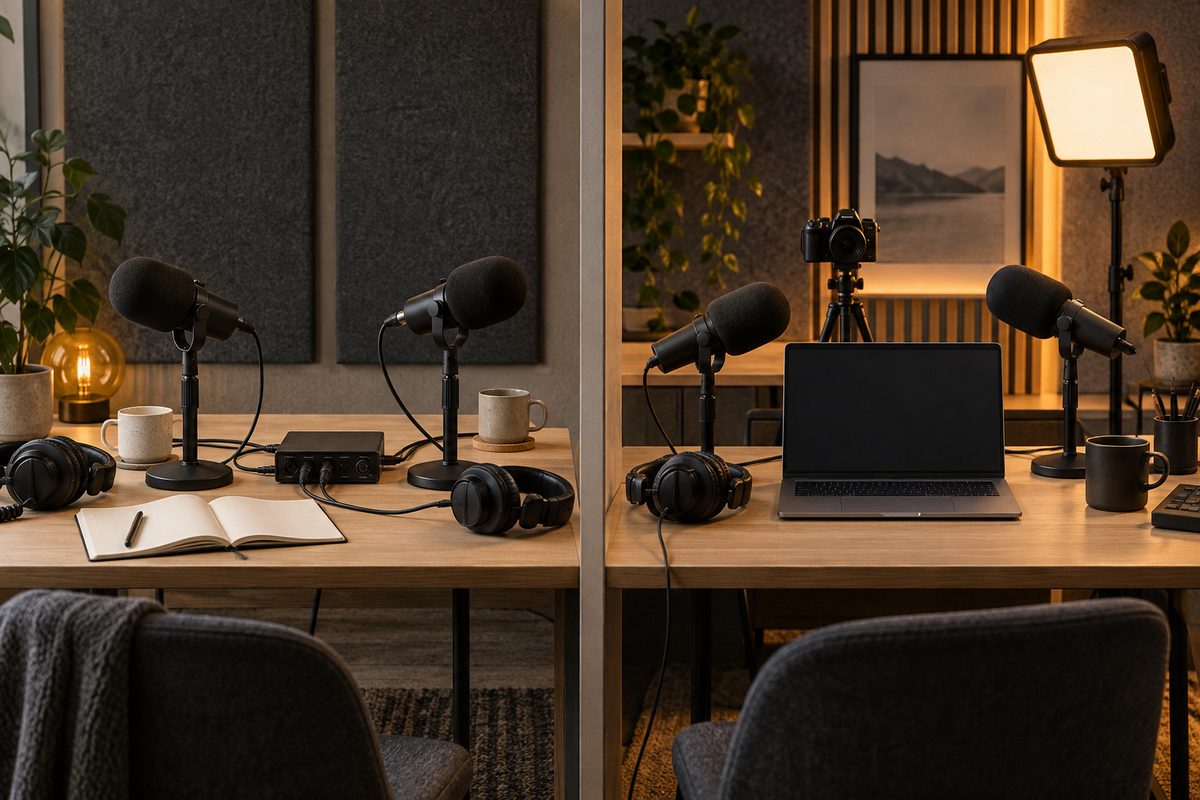 To podkastoppsett står side om side: et lokalt lydstudio med lydkort og et videostudio med kamera, lys og bærbar datamaskin.