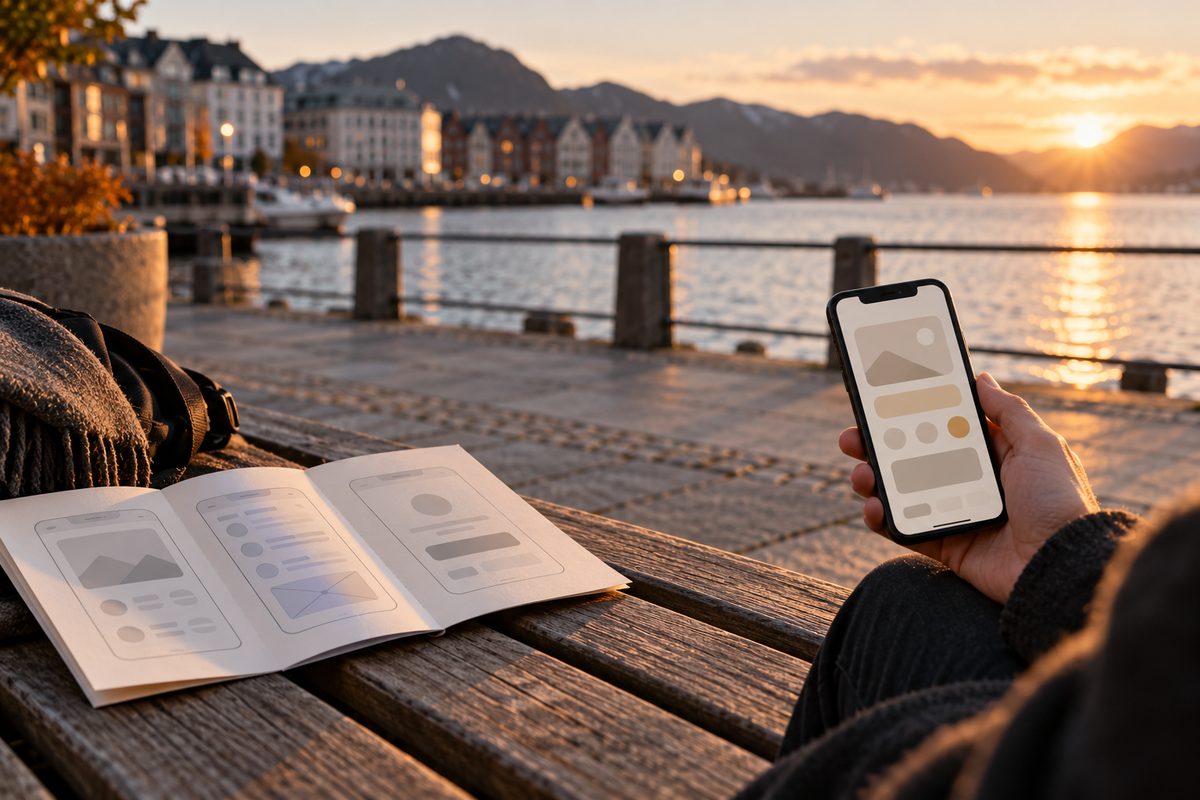 En åpen appskissebok ligger på en benk ved fjorden, mens en hånd holder en telefon med et enkelt, abstrakt grensesnitt.