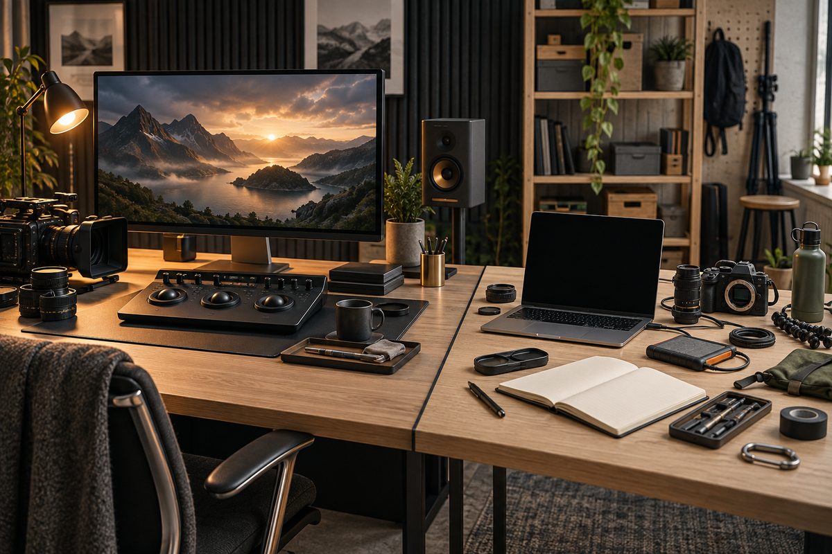 To arbeidsbord sammenlignes: et kontrollert filmstudio med fargeskjerm og justeringspanel mot en enkel eksperimentell videopult.