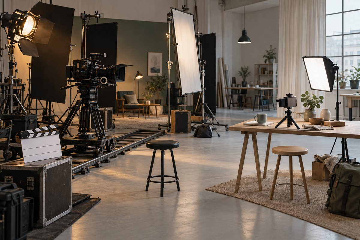 Et stort filmsett med kamera på skinne og mange lys står mot et enkelt bord med mobilkamera, én lampe og få rekvisitter.