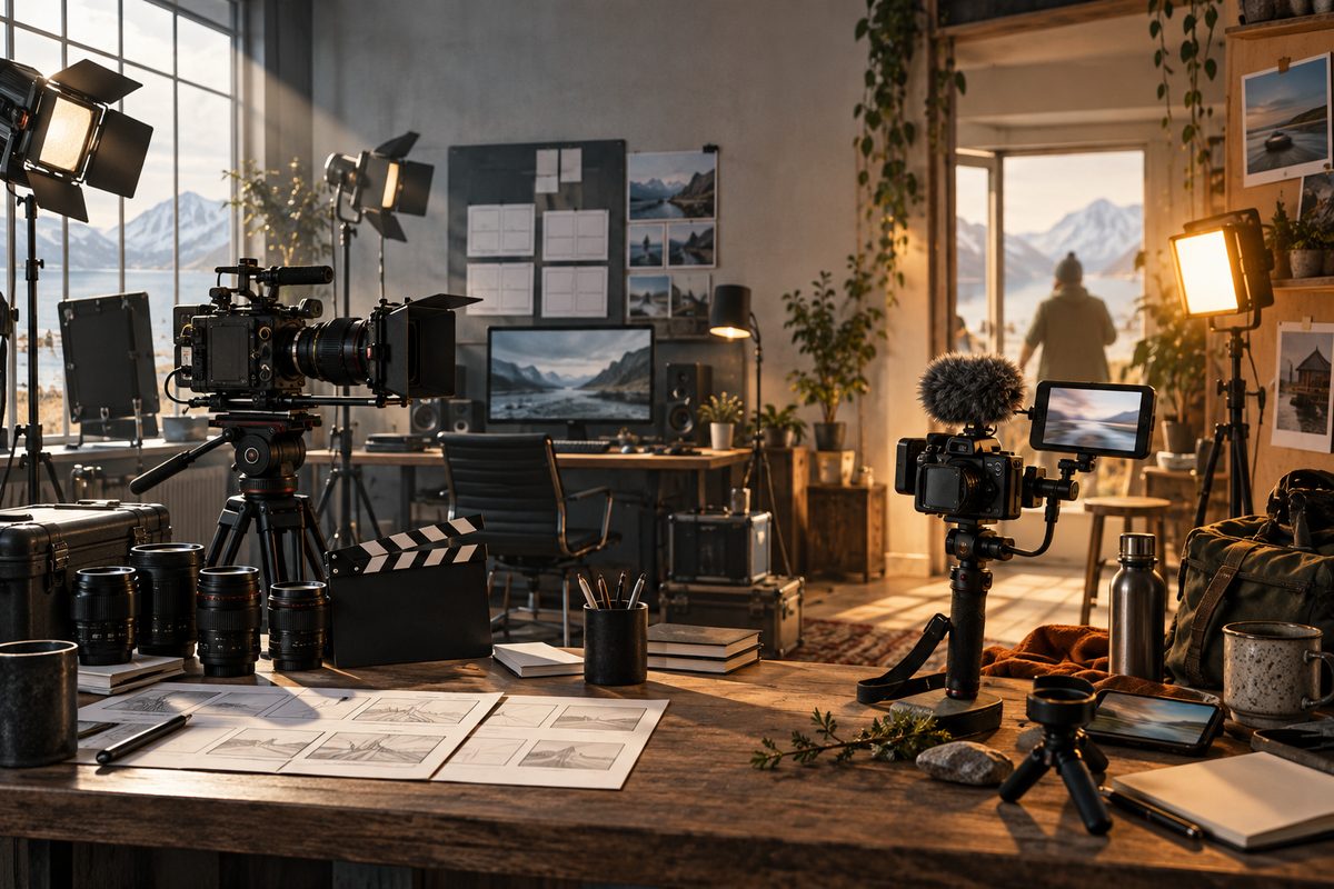 Filmstudio med stort kamera, storyboard og lysutstyr på venstre side, og et kompakt håndholdt kamera ved vindu og fjellutsikt på høyre side.