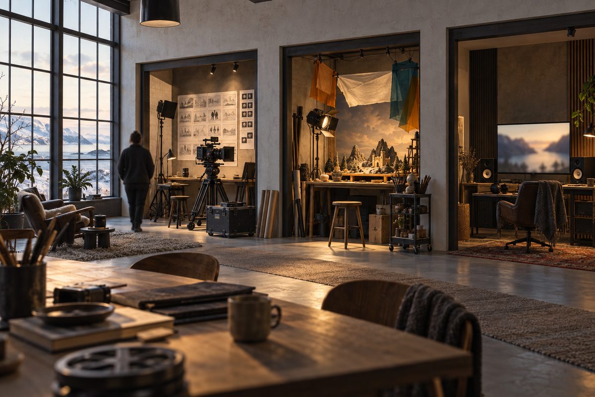 Nordisk filmstudio med tre opplyste arbeidsrom: kamera og storyboard, scenografi med fargede tekstiler og en lyd- og redigeringsplass.