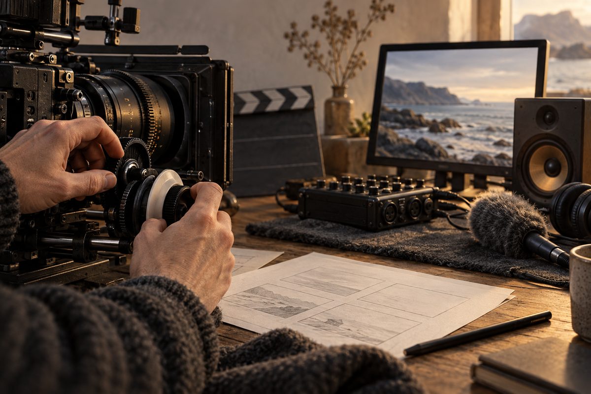 Nærbilde av en hånd som finjusterer et filmkamera, mens lydopptaker, mikrofon, høyttaler og kystlandskap vises på arbeidsbenken.