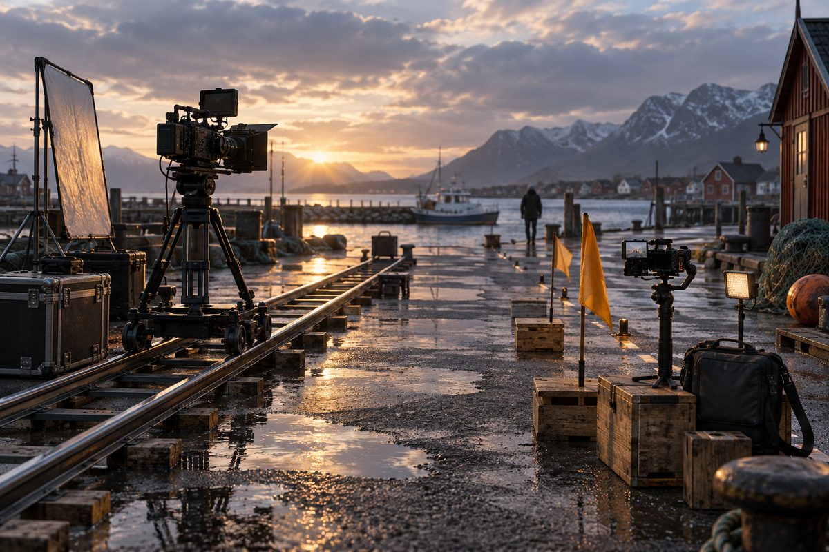 Nordisk filmopptak ved en våt kai med lang kameraskinne på venstre side og en liten gimbalrigg med markører på høyre side.